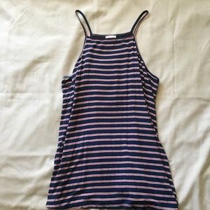 High neck striped spaghetti strap tank top